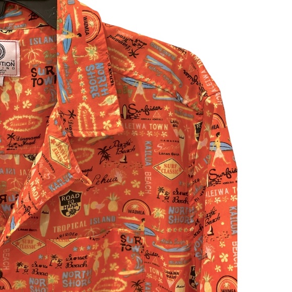 One Resolution Other - Mens Hawaiian Button Down Shirt Orange Surf Road to Hana L Hula Girls Multi